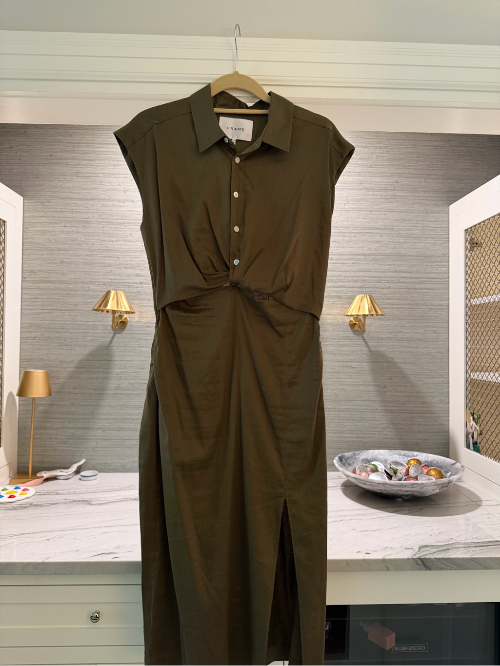 Frame Denim Olive Green Twisted Front Midi Dress